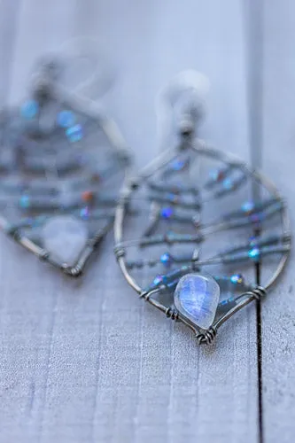 Em'z Blendz Rainbow Moonstone Leaf Earrings | Handcrafted with Austrian Crystals & Sterling Silver