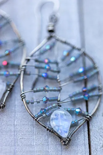 Em'z Blendz Rainbow Moonstone Leaf Earrings | Handcrafted with Austrian Crystals & Sterling Silver