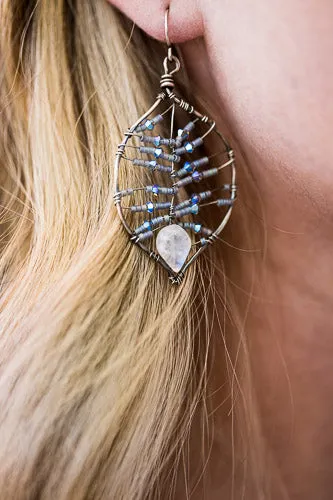 Em'z Blendz Rainbow Moonstone Leaf Earrings | Handcrafted with Austrian Crystals & Sterling Silver