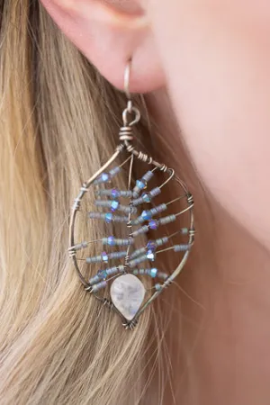 Em'z Blendz Rainbow Moonstone Leaf Earrings | Handcrafted with Austrian Crystals & Sterling Silver