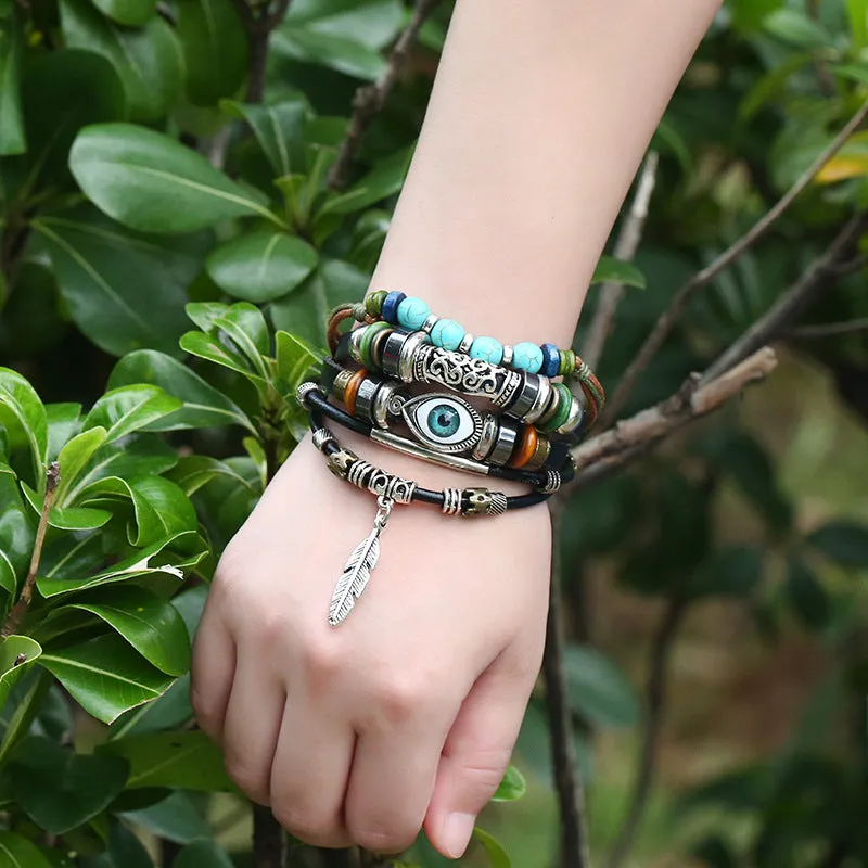 Ethnic style alloy feather leather bracelet