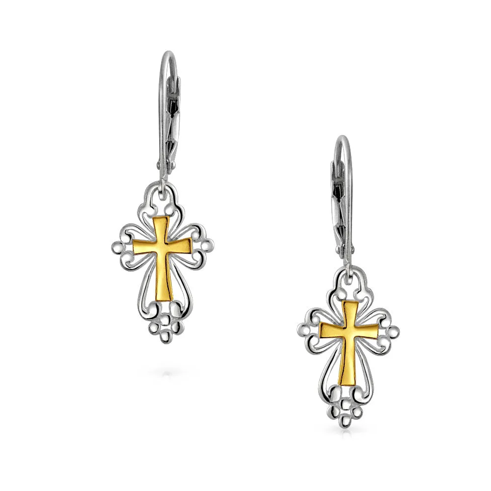 Filigree Two Tone Fleur De Lis Cross Dangle Earrings 14K Gold Plated Silver
