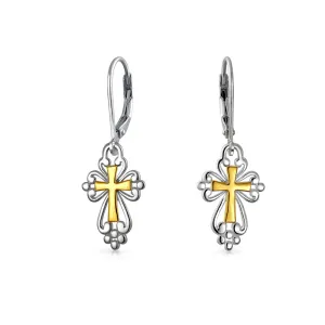 Filigree Two Tone Fleur De Lis Cross Dangle Earrings 14K Gold Plated Silver