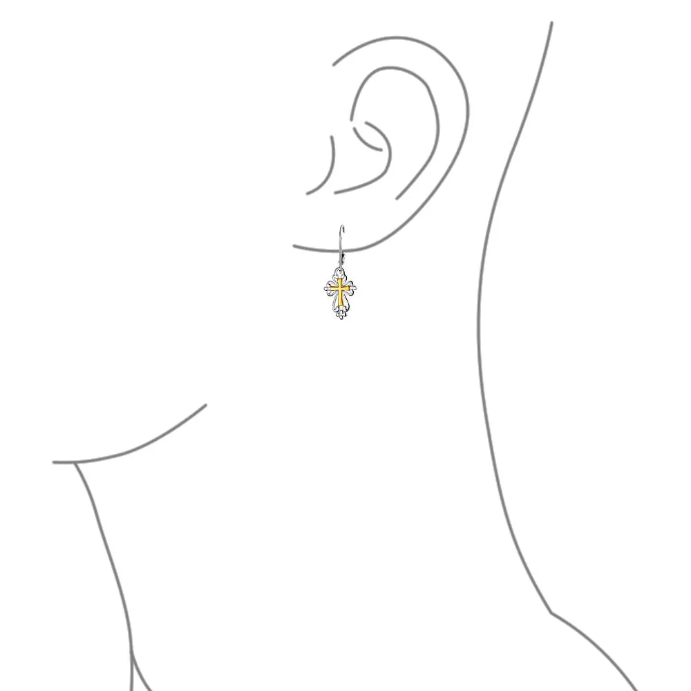 Filigree Two Tone Fleur De Lis Cross Dangle Earrings 14K Gold Plated Silver