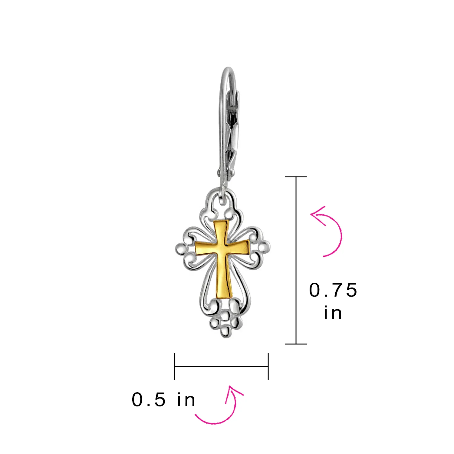 Filigree Two Tone Fleur De Lis Cross Dangle Earrings 14K Gold Plated Silver