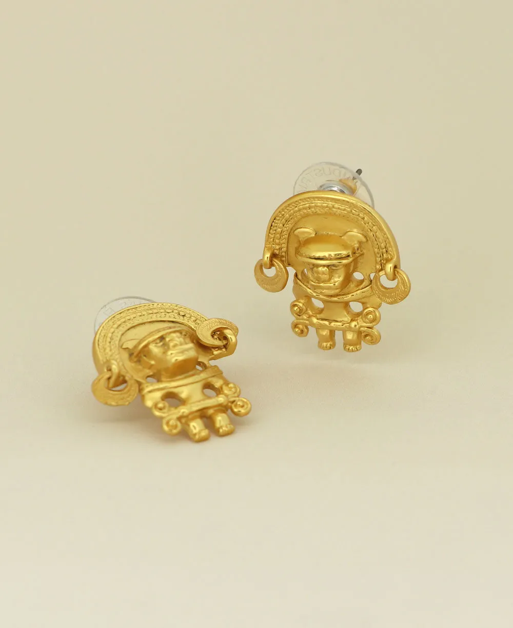 Gold Plated Tairona Symbol Post Earrings, Colombia