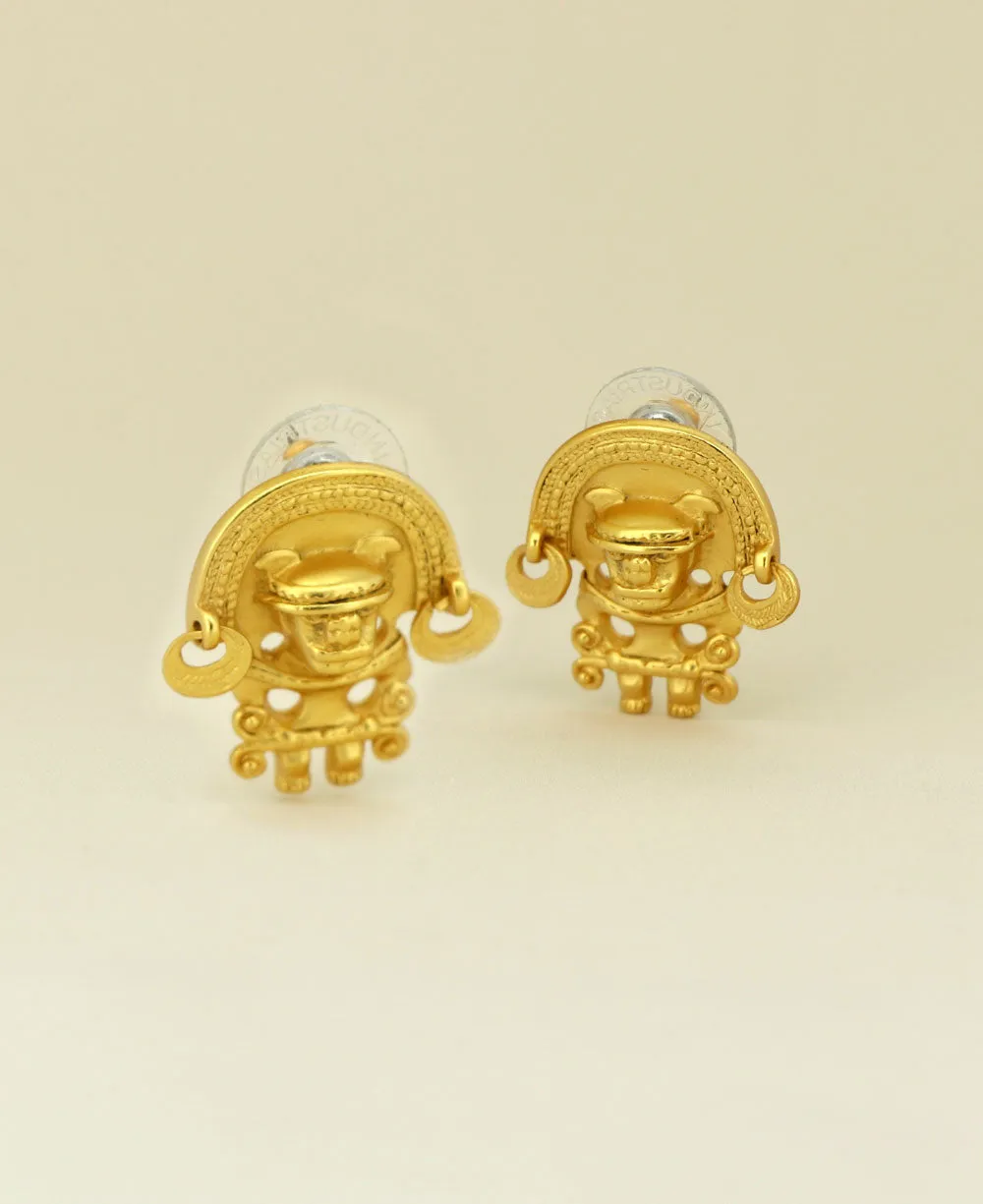 Gold Plated Tairona Symbol Post Earrings, Colombia
