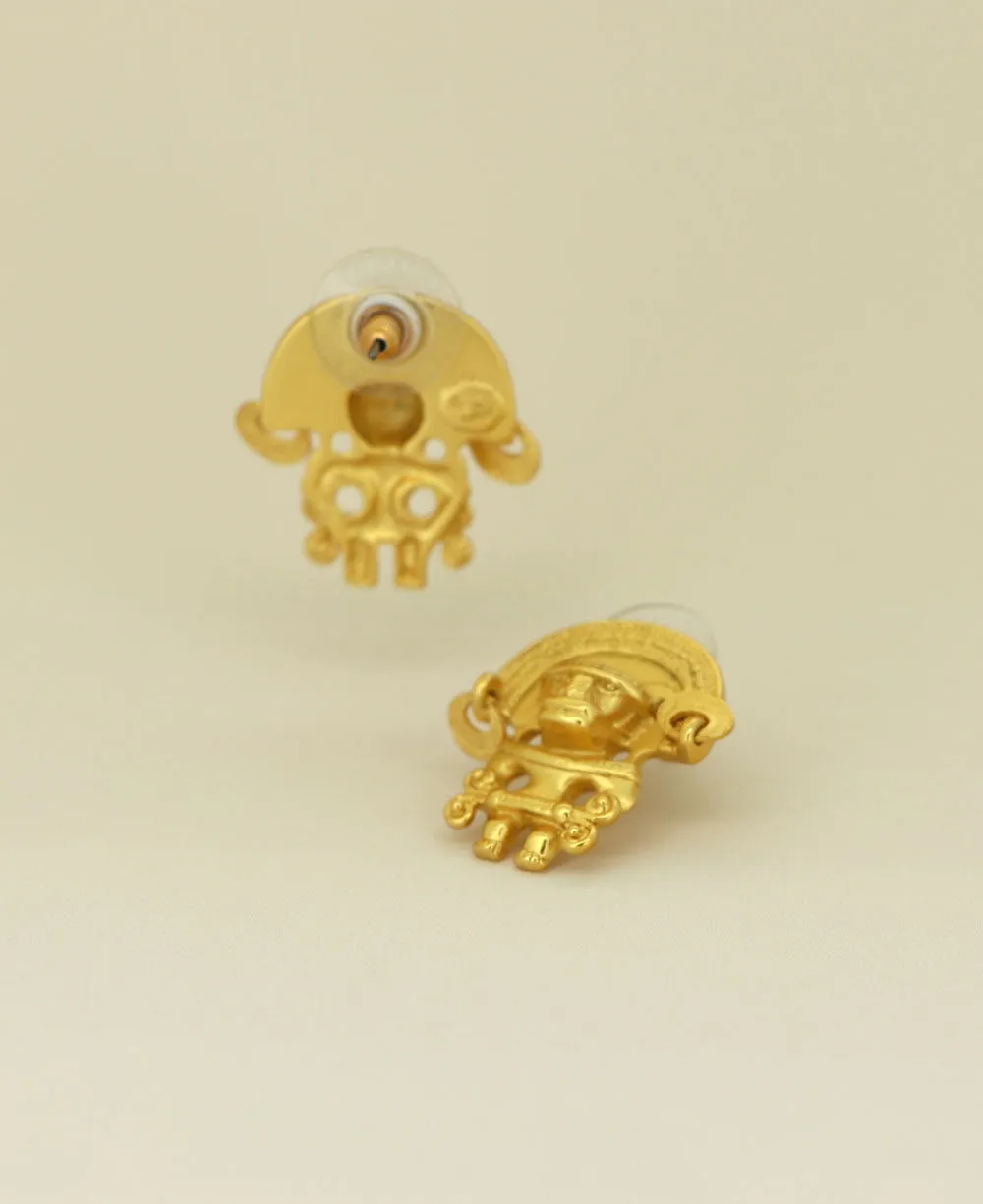 Gold Plated Tairona Symbol Post Earrings, Colombia