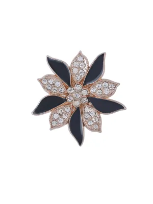 Golden with Black Enamel Diamond Flower Brooch Pin