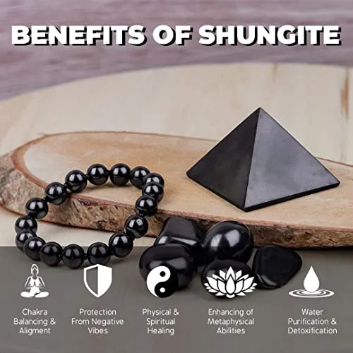Heka Naturals Shungite Water Purification Set: 250 gr0.55 lbs of Shungite Stones, 25 gr0.9 oz Elite Shungite, 5 tumble stones teed Authentic Rare Stone for Water Purification, Shungite Water & Healing