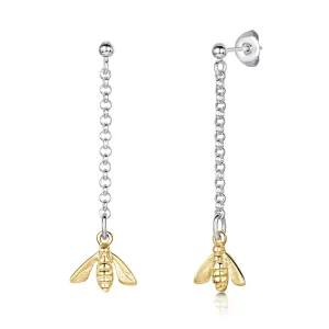 Honeybee Long Silver Drop Earrings with 9ct Yellow Gold