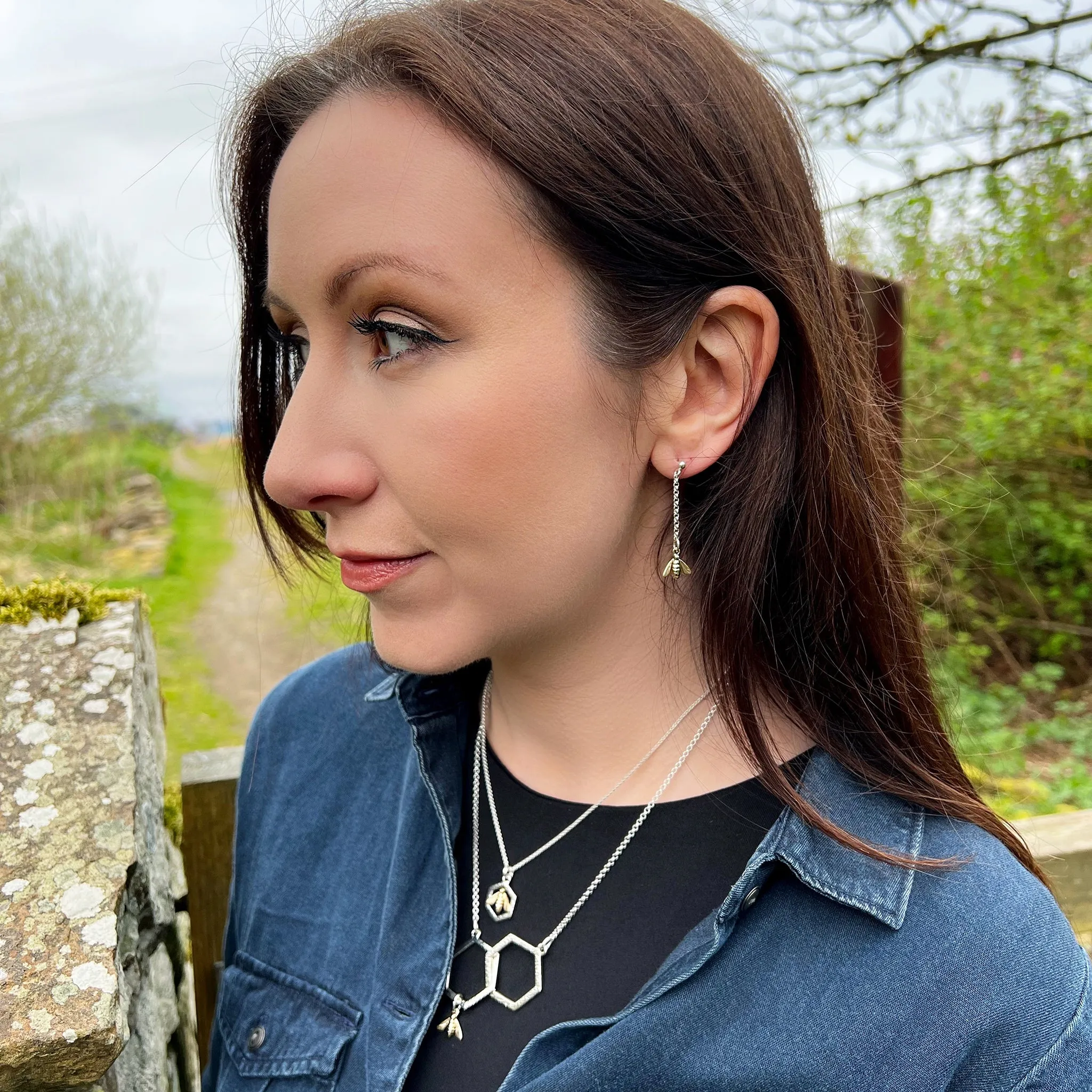 Honeybee Long Silver Drop Earrings with 9ct Yellow Gold