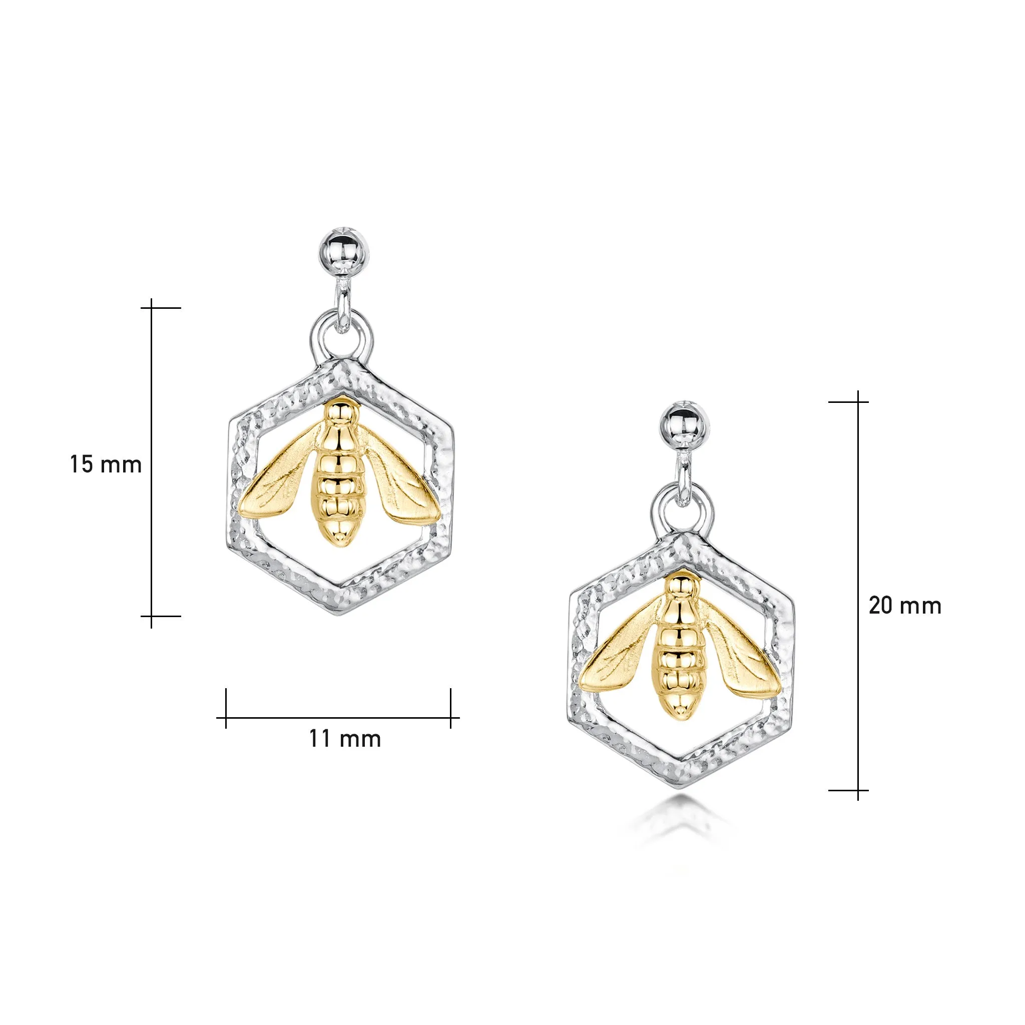 Honeycomb & Bee Silver Drop Earrings with 9ct Yellow Gold Bee