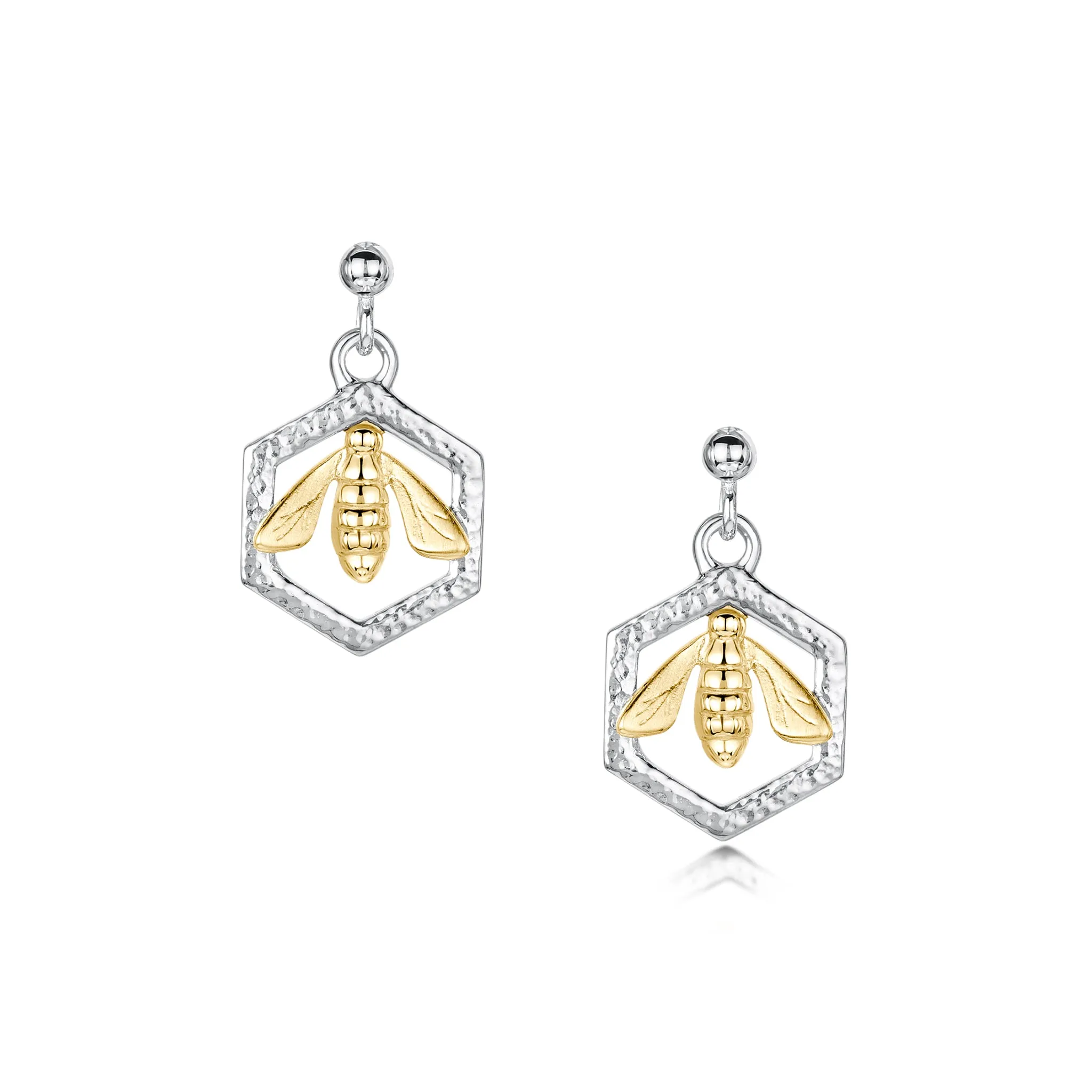 Honeycomb & Bee Silver Drop Earrings with 9ct Yellow Gold Bee