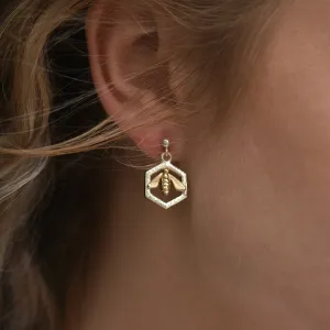 Honeycomb & Bee Silver Drop Earrings with 9ct Yellow Gold Bee