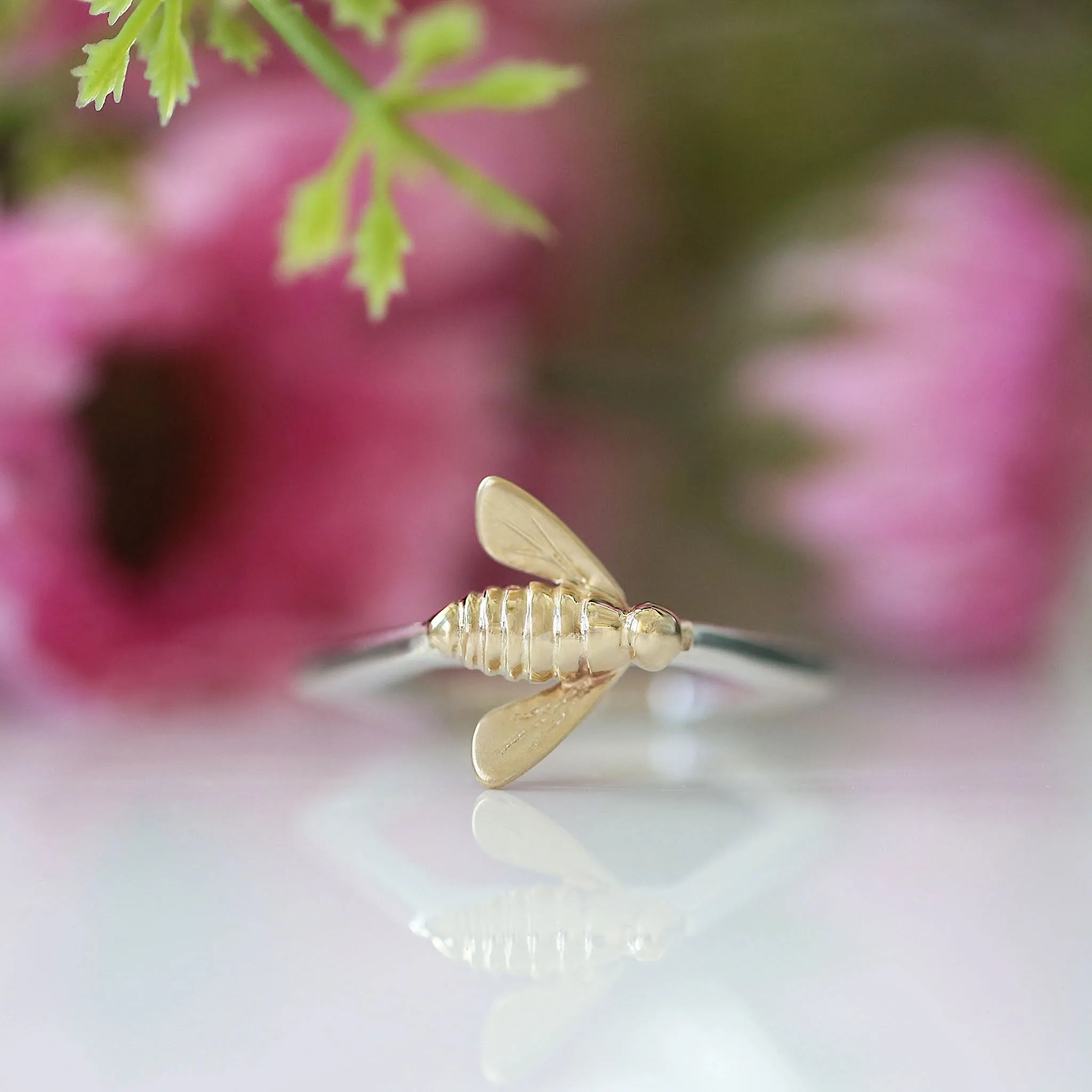 Honeycomb Silver Hexagon Ring with 9ct Yellow Gold Bee