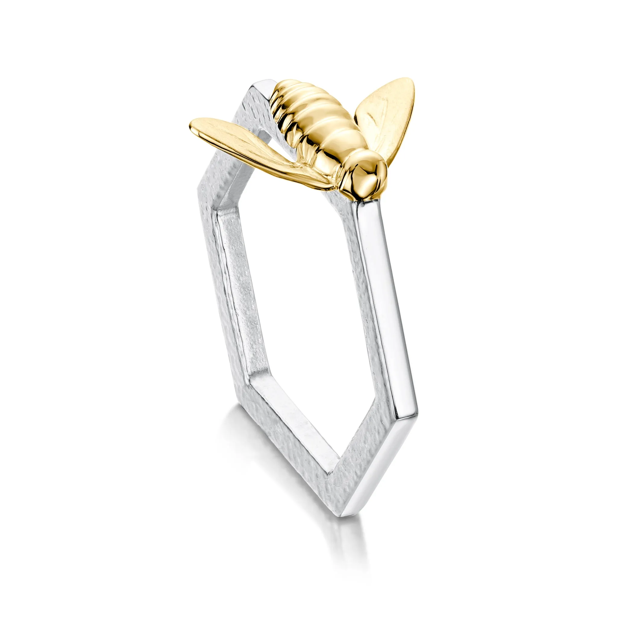 Honeycomb Silver Hexagon Ring with 9ct Yellow Gold Bee