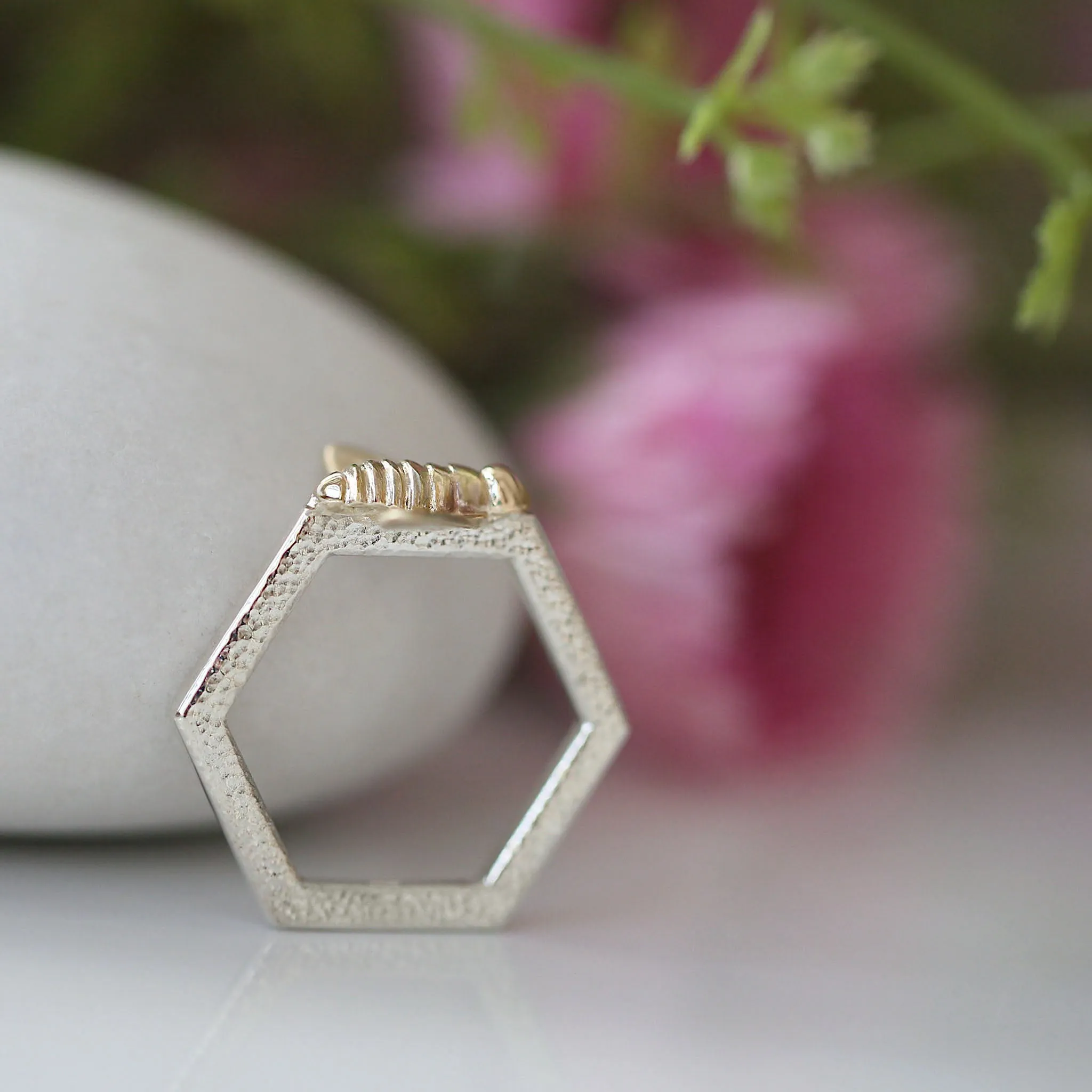 Honeycomb Silver Hexagon Ring with 9ct Yellow Gold Bee