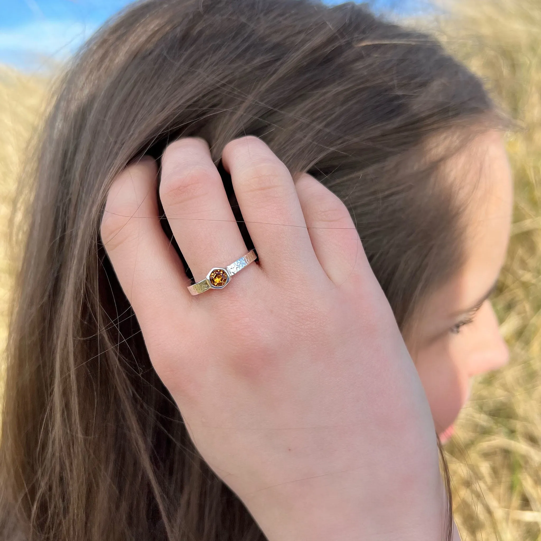 Honeycomb Silver Ring with 4mm Citrine