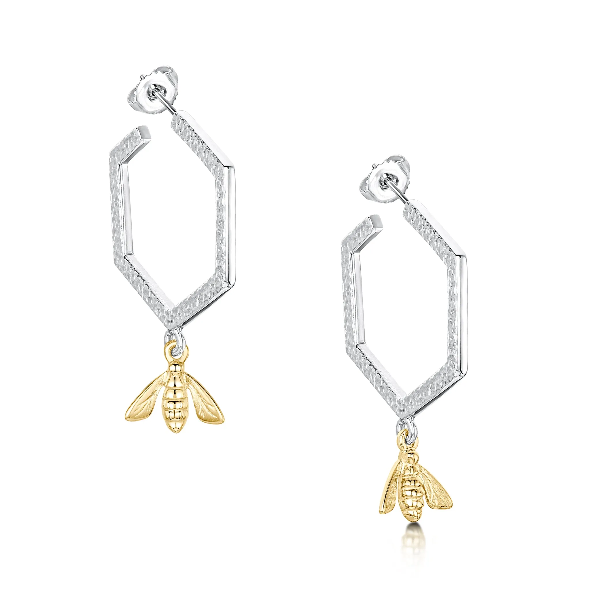 Honeycomb Small Hoop Earrings with 9ct Yellow Gold Bee
