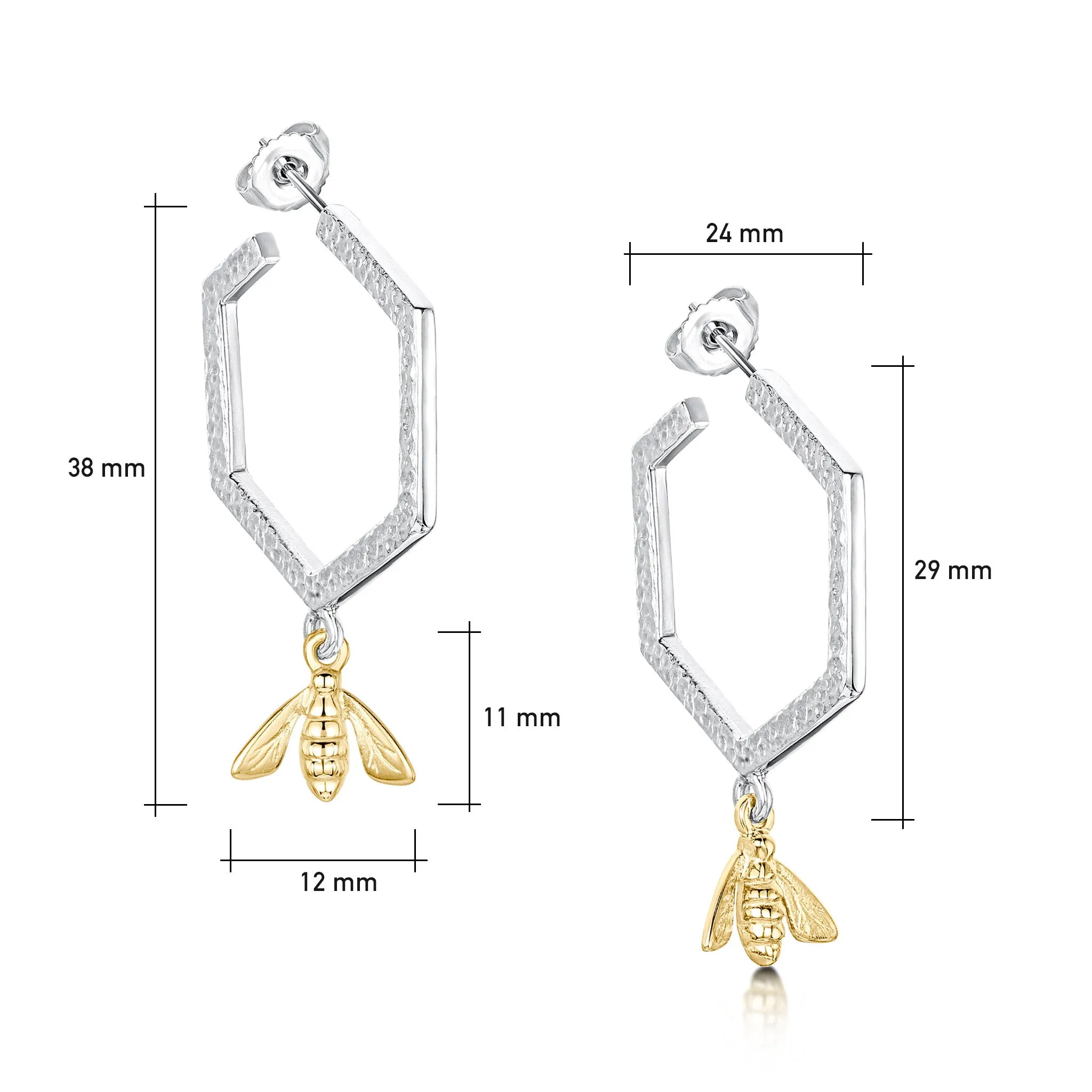 Honeycomb Small Hoop Earrings with 9ct Yellow Gold Bee