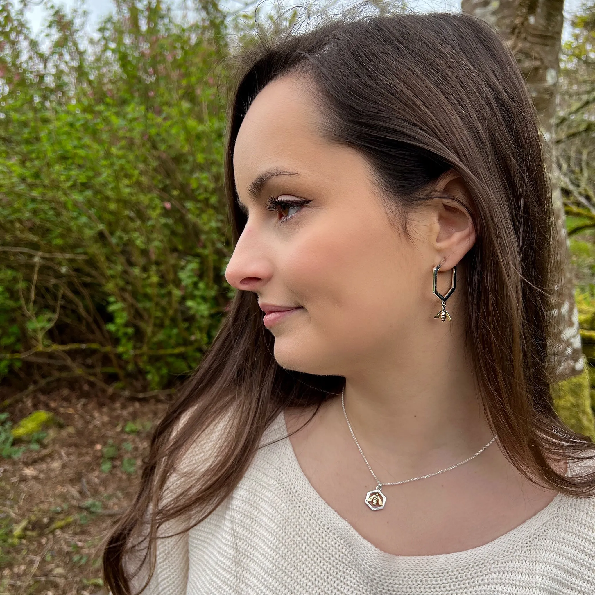 Honeycomb Small Hoop Earrings with 9ct Yellow Gold Bee