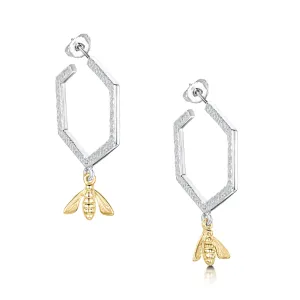 Honeycomb Small Hoop Earrings with 9ct Yellow Gold Bee