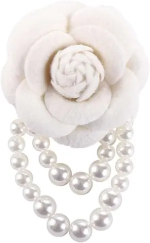 Korean style Fabric Camellia Flower Brooch Pins, Costume Fabric Handmade Brooch Pearl Pins, Pearl Tassel Corsage Fashion Jewelry Brooch Pins Shawl Clips for Women Girls Vintage Collar Brooch(White)