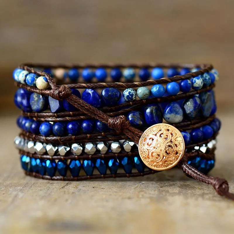 Lapis Lazuli Charm & Jasper Wax Cord Wrap Bracelet