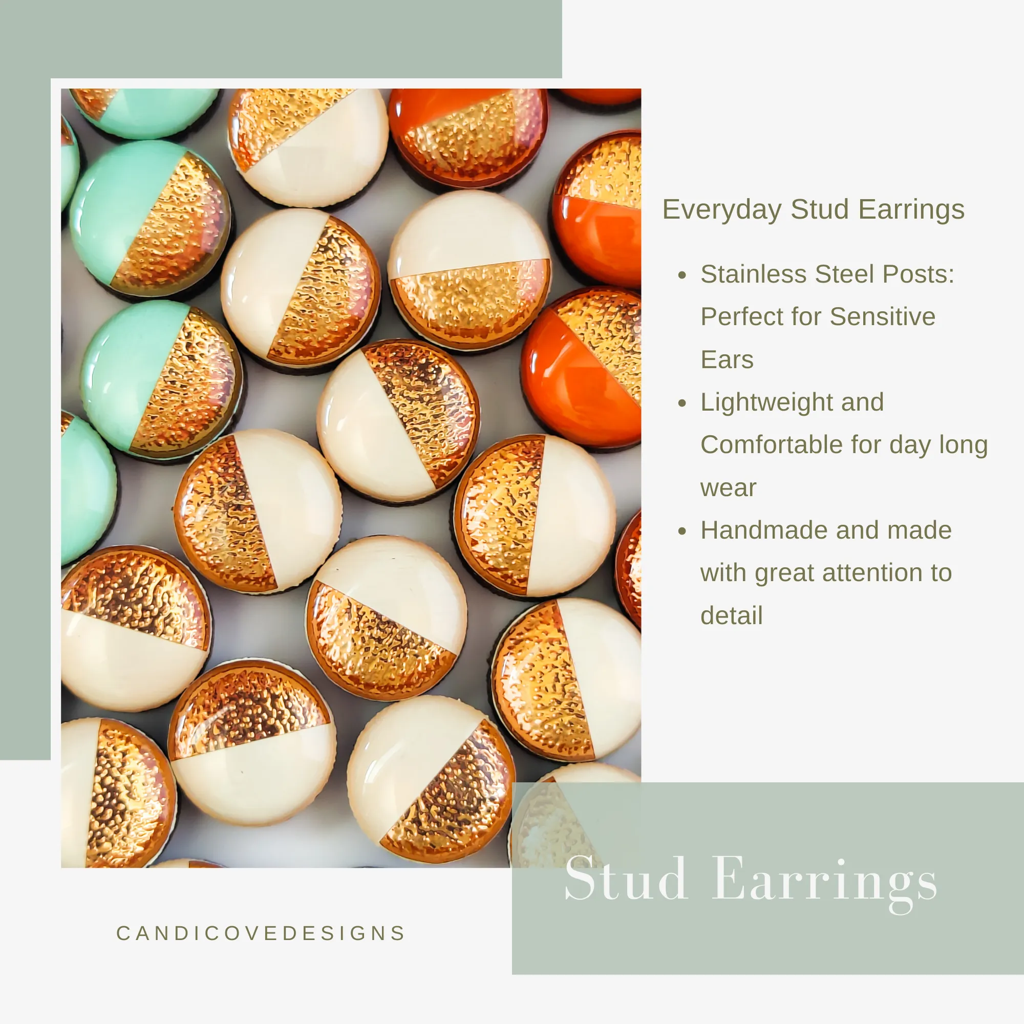 Mint Green Plaid Stud Earrings by Candi Cove Designs