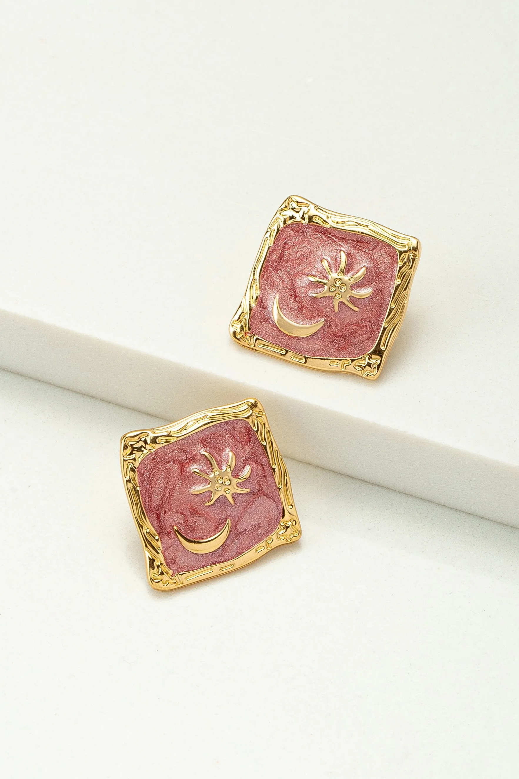 Moon Star Enamel Square Stud Earrings