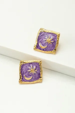 Moon Star Enamel Square Stud Earrings
