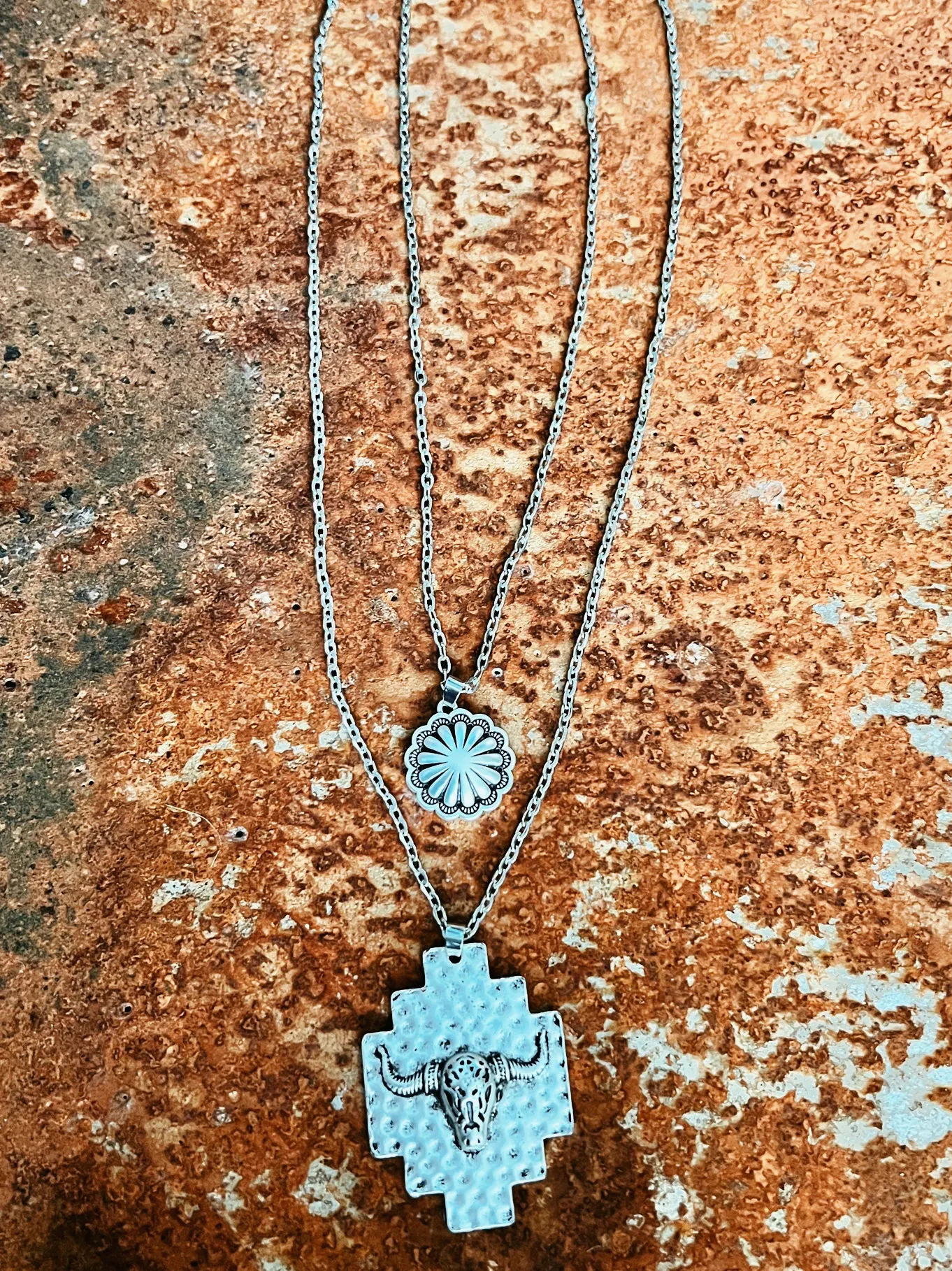 Multi-Strand Concho And Longhorn Chain Necklace