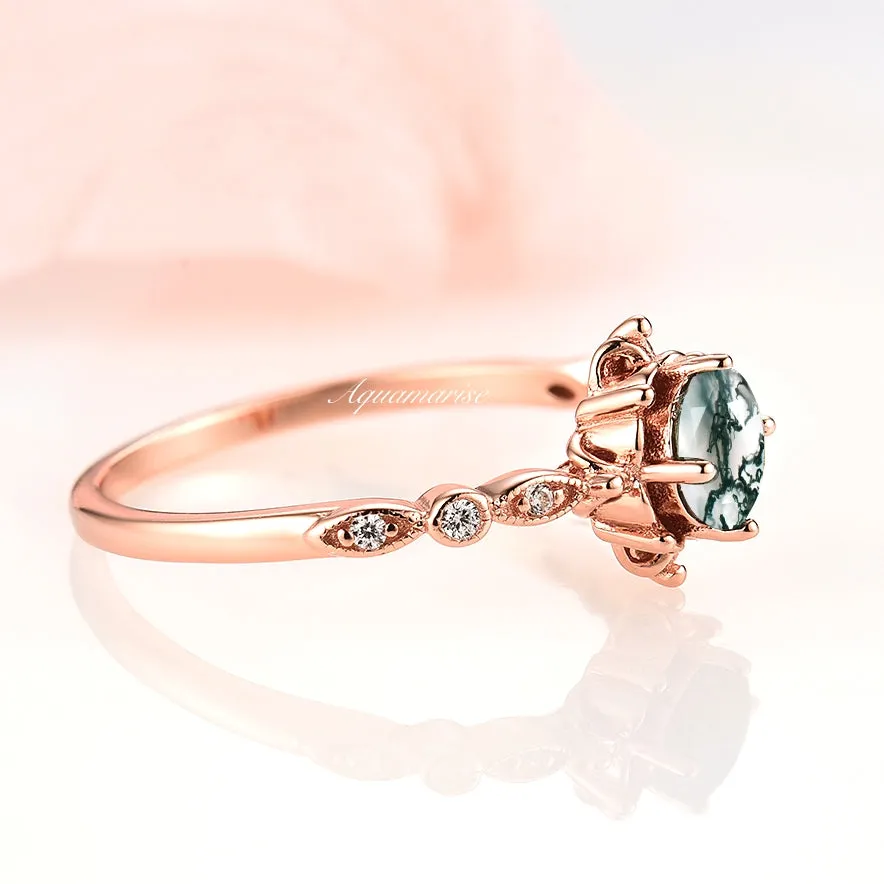 Natural Green Moss Agate Fairytale Engagement Ring- 14K Rose Gold Vermeil