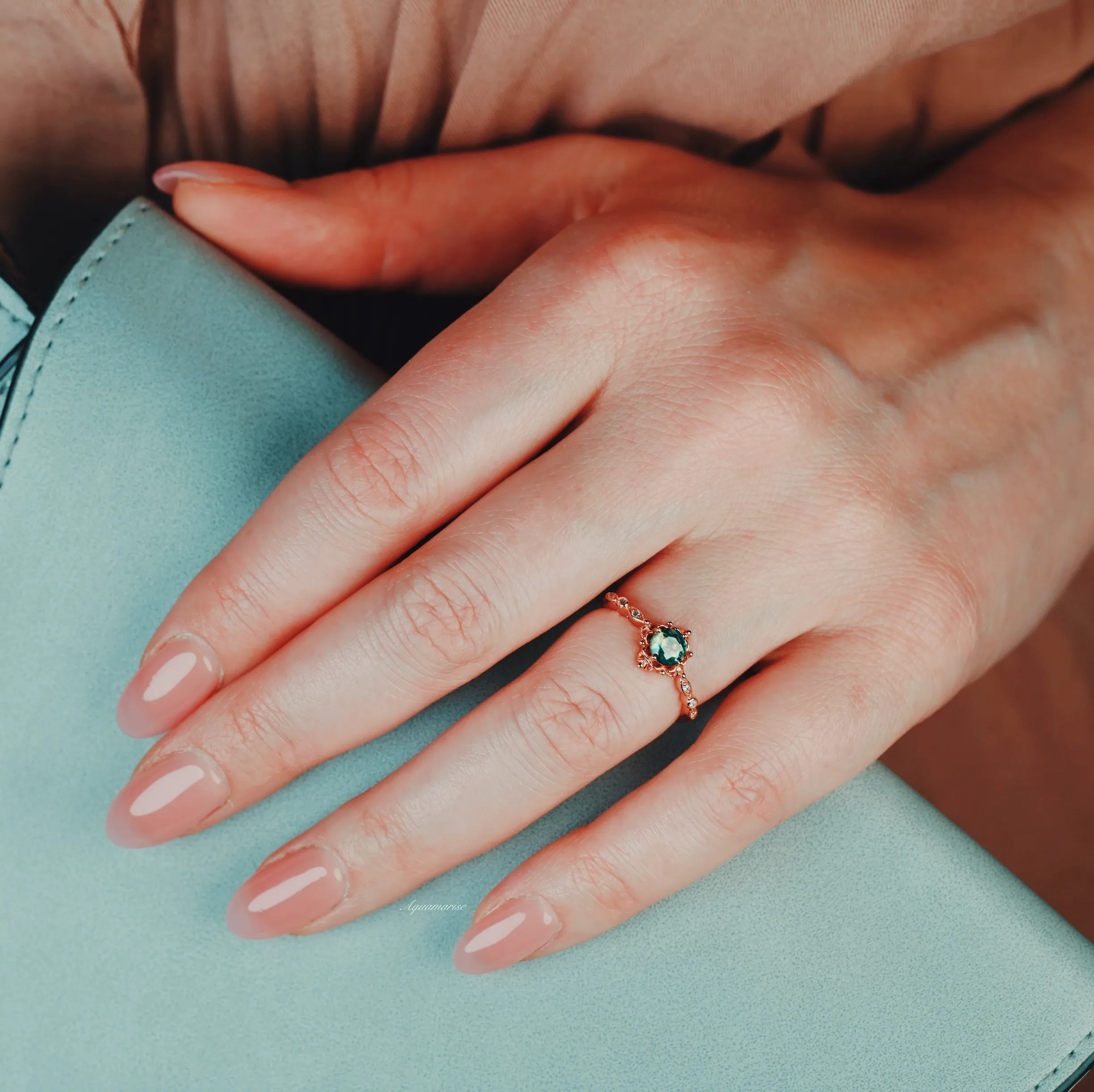 Natural Green Moss Agate Fairytale Engagement Ring- 14K Rose Gold Vermeil