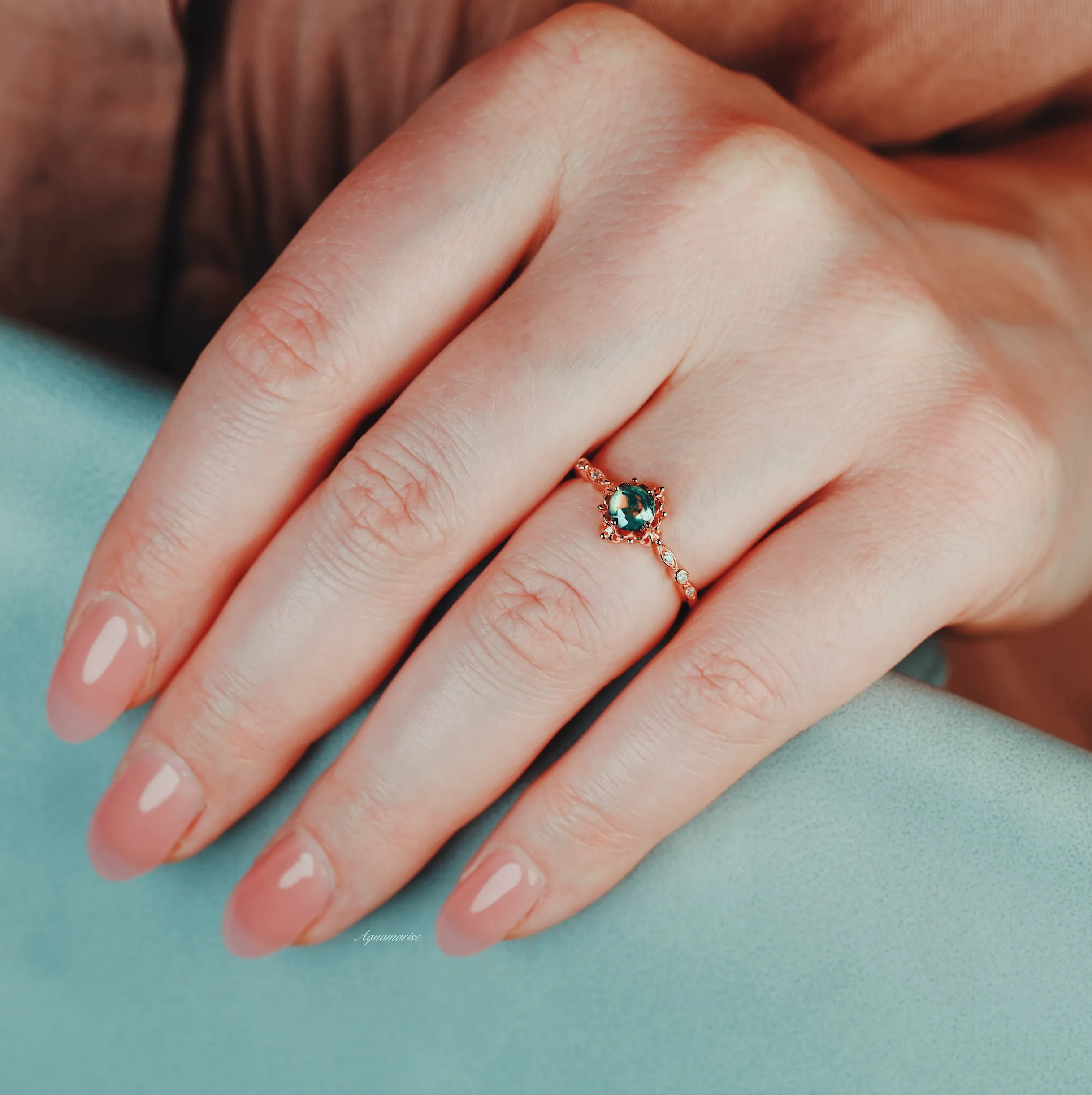 Natural Green Moss Agate Fairytale Engagement Ring- 14K Rose Gold Vermeil