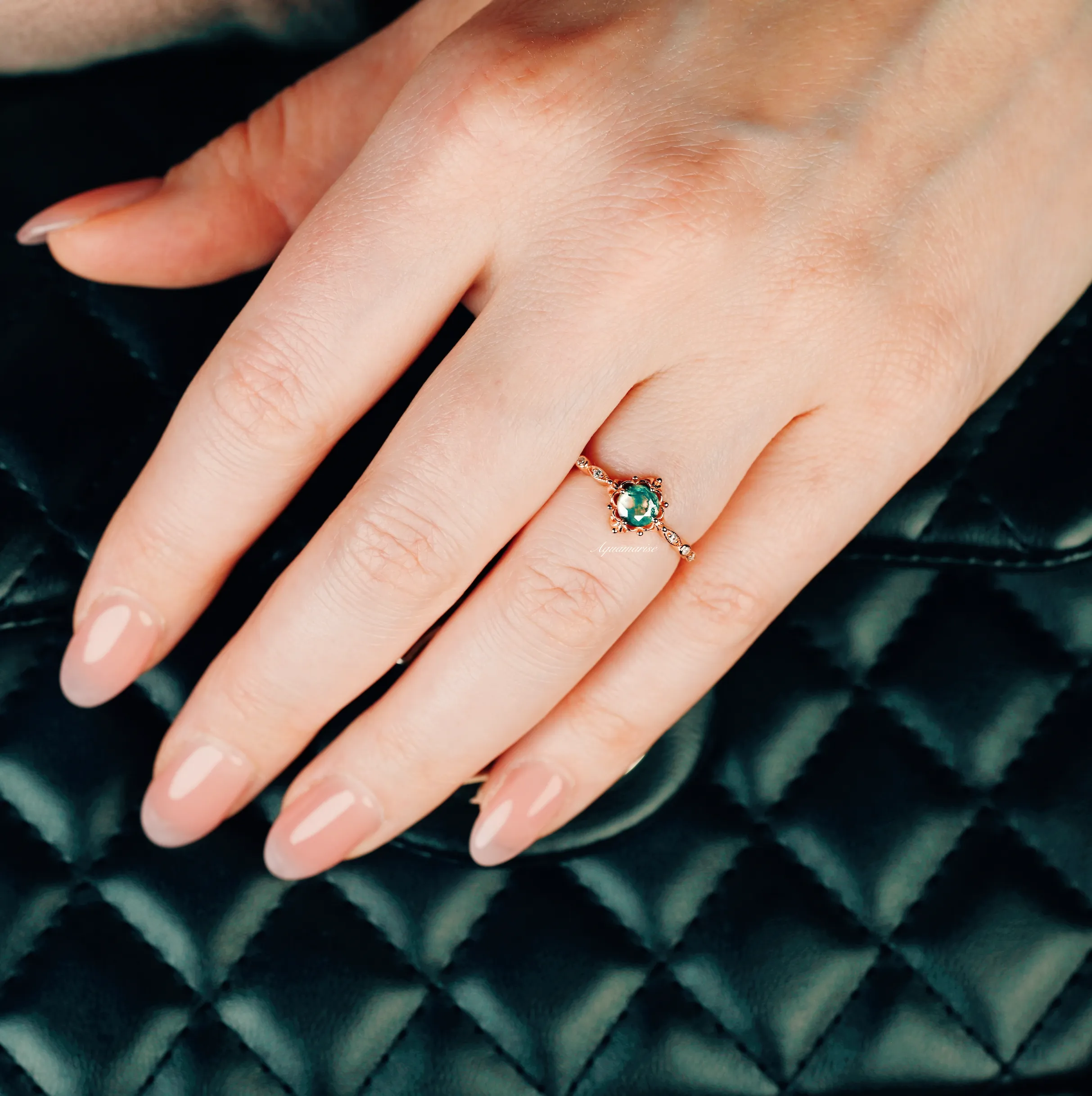 Natural Green Moss Agate Fairytale Engagement Ring- 14K Rose Gold Vermeil