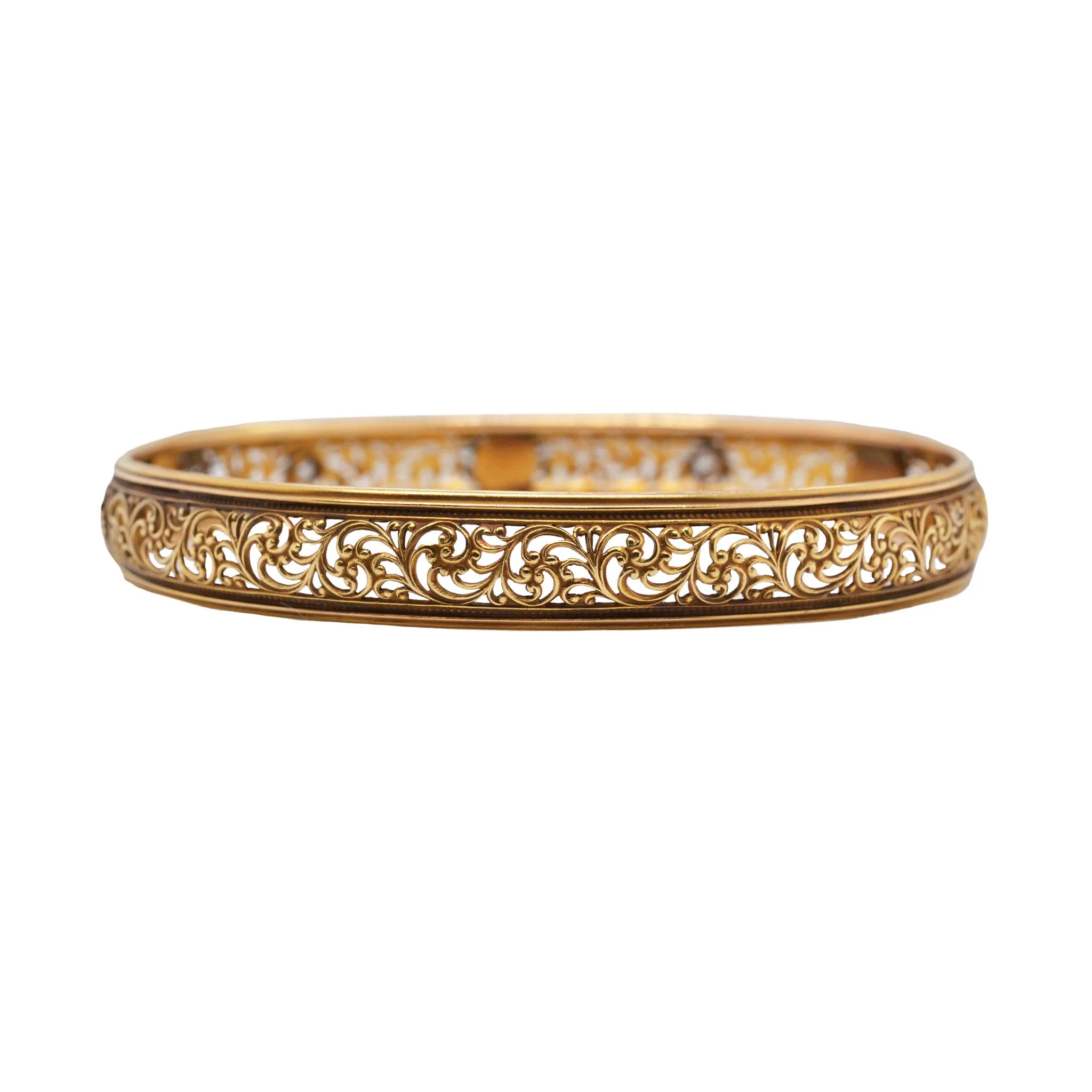 Old Mine Cut Diamond & Pearl Yellow Gold Bangle