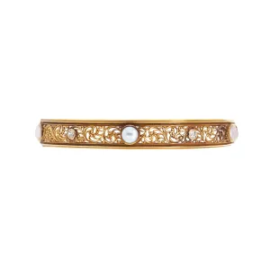 Old Mine Cut Diamond & Pearl Yellow Gold Bangle