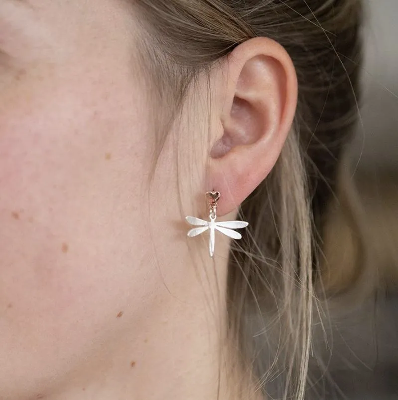 Pom Silver and Rose Gold Plated Heart Dragonfly Drop Earrings