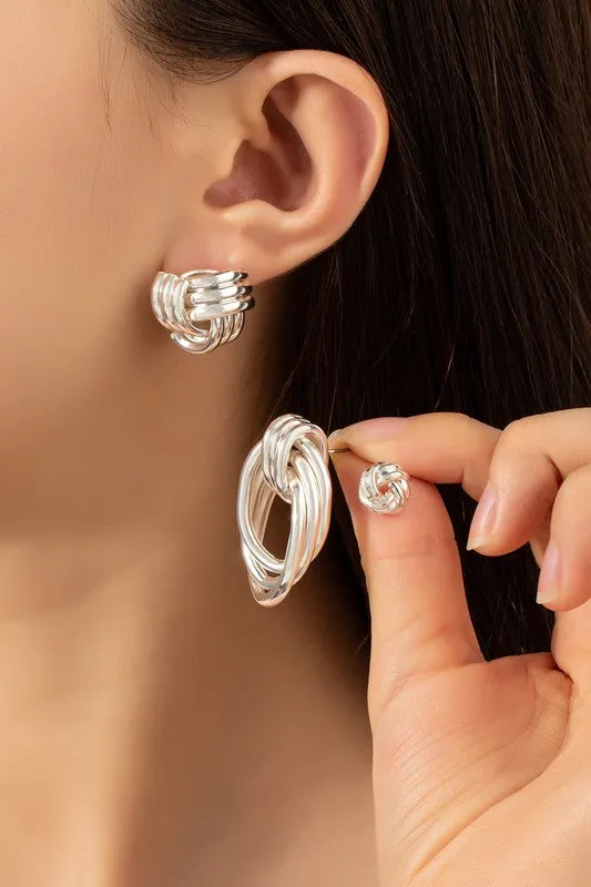 Premium Silver Trio Metal Knot and Hoop Earrings