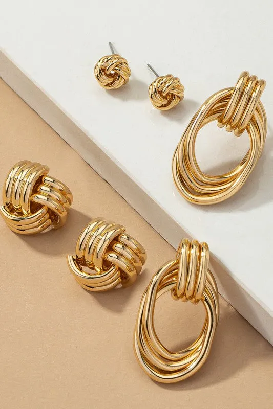 Premium Silver Trio Metal Knot and Hoop Earrings