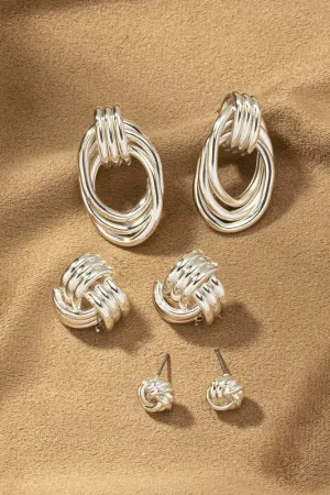 Premium Silver Trio Metal Knot and Hoop Earrings
