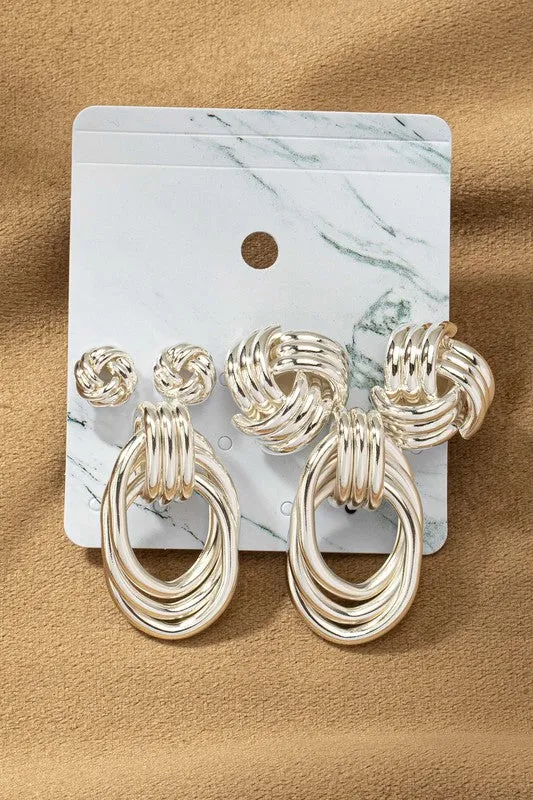 Premium Silver Trio Metal Knot and Hoop Earrings