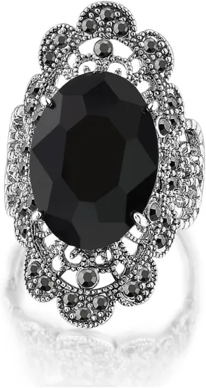 Retro Vintage Cocktail Statement Ring Black Marcasite & Crystal Rings for Women Antique Silver Big Black Onyx Stone Ring