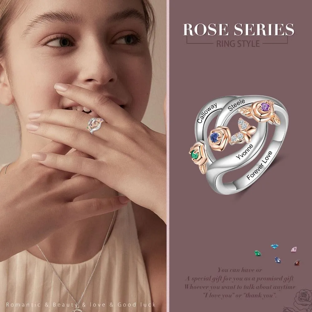 Roses Personalized Silver Rose Ring - 3 Custom Birthstones 3 Custom Names 3 Custom Engravings
