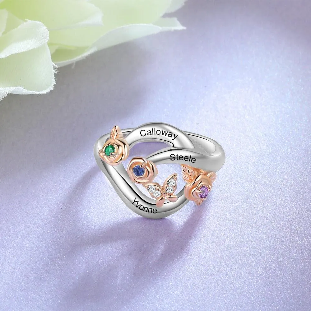 Roses Personalized Silver Rose Ring - 3 Custom Birthstones 3 Custom Names 3 Custom Engravings