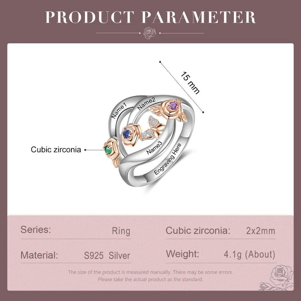 Roses Personalized Silver Rose Ring - 3 Custom Birthstones 3 Custom Names 3 Custom Engravings