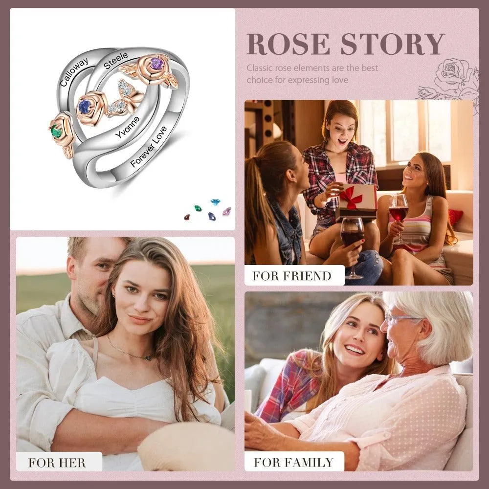 Roses Personalized Silver Rose Ring - 3 Custom Birthstones 3 Custom Names 3 Custom Engravings