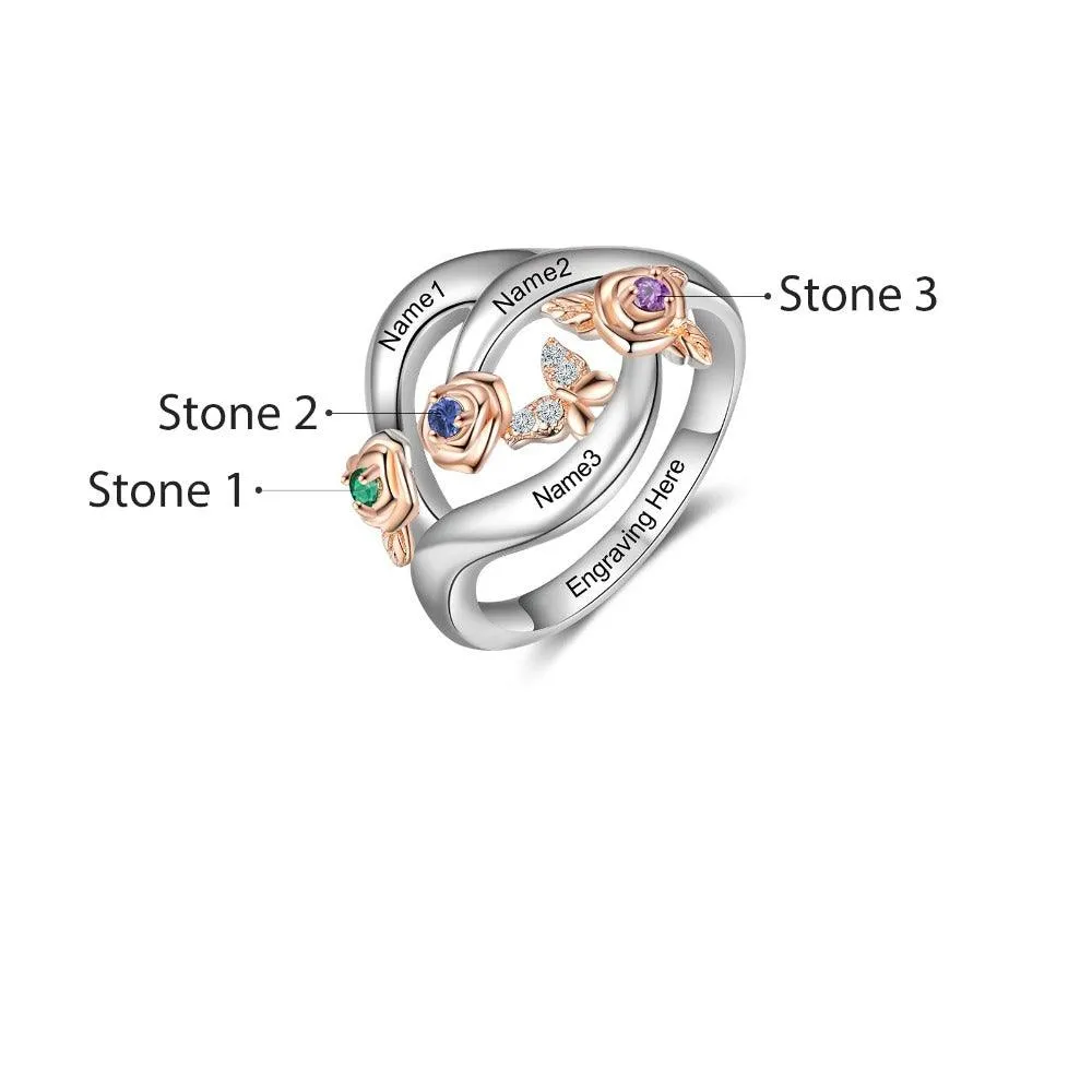 Roses Personalized Silver Rose Ring - 3 Custom Birthstones 3 Custom Names 3 Custom Engravings